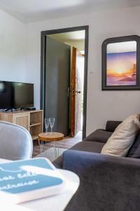 a living room with a couch and a tv at La p'tite Lulu in Le Petit Chenevey