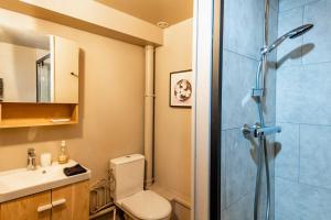 a bathroom with a shower and a toilet and a sink at La p'tite Lulu in Le Petit Chenevey +7 photos