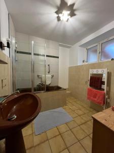 a bathroom with a sink and a glass shower at La Cocotte Rousse, ses Petits Déjeuners et sa Table in Parves