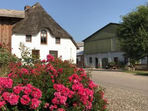 a white house with a thatched roof and pink flowers at Ferienhof Martens in Sörup +24 photos