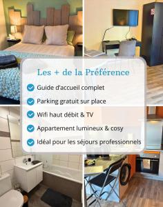 a collage of four pictures of a hotel room at Ma Préférence - Studio Cozy - Parking Gratuit - Proche Commerces & Transports in Horbourg