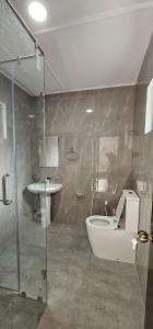 a bathroom with a shower and a toilet and a sink at Royal Star Guest House in Jaffna