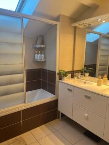 a bathroom with a tub and a sink and a shower at Modern Apartment in Annemasse 15 mins to Geneva with private free parking in Vétraz-Monthoux