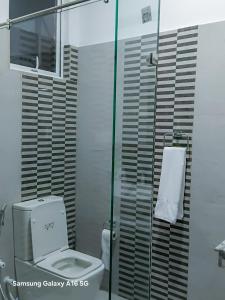 a bathroom with a toilet and a glass shower at The Misty Crown in Hatton