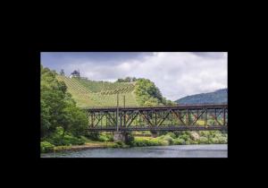 a bridge over a river with a vineyard at My Wellness Ferienwohnung in Bullay