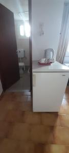 a kitchen with a white refrigerator and a toilet at Iliada Skiathos rooms in Skiathos +25 photos