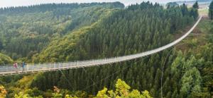 people walking on a suspension bridge over a forest at Ferienwohnung Schimpf in Sosberg