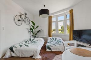 a living room with a bike hanging on the wall at Cozy Antwerp - Sunny Zurenborg in Antwerp