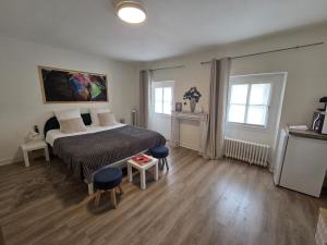 a bedroom with a bed and two windows at Résidence Austerlitz centre Angouleme in Angoulême