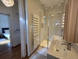 a bathroom with a sink and a glass shower at Résidence Austerlitz centre Angouleme in Angoulême +79 photos