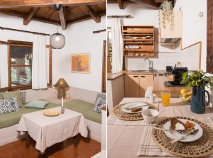 eine Küche und ein Wohnzimmer mit Tisch und Esszimmer in der Unterkunft Traganitsa Apartments in Tragána