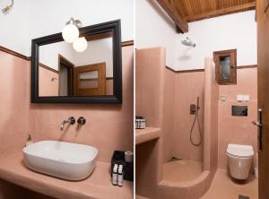 ein Badezimmer mit Waschbecken, Toilette und Spiegel in der Unterkunft Traganitsa Apartments in Tragána