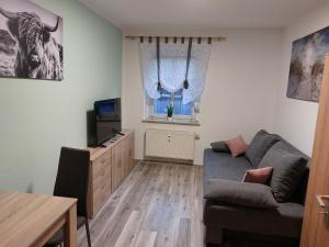 a living room with a couch and a window at Apartment Erzgebirgsperle in Schwarzenberg