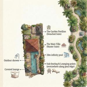 a plan of a garden with the main villa with a underwater survey at Private Oceanfront Villa Kingfisher - 20m Infinity Pool in Nusa Lembongan