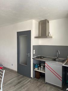 an empty kitchen with a sink and a door at Logement type studio 1 piece proche zénith in Strasbourg