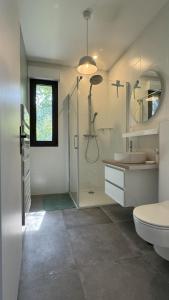a bathroom with a shower and a toilet and a sink at Villa Koad - piscine privee in Trébeurden +11 photos