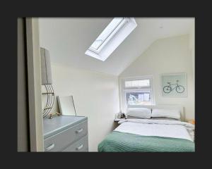 a bedroom with a bed and a sink and a skylight at Spacious House In Guildford in Stoughton