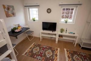 a living room with a flat screen tv and a table at Bosanska Avlija Authentic Sarajevo Stay with Garden in Sarajevo