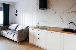 a kitchen with a sink and a couch in a room at Sami Swoi 1 in Bełchatów
