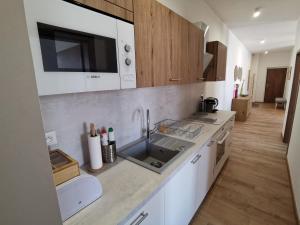 a kitchen with a sink and a counter top at Apartmán Stará Tržnica in Trenčín