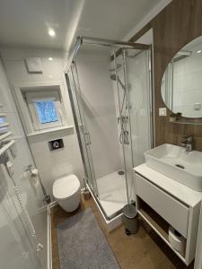 a bathroom with a shower and a toilet and a sink at Woodland cottage in Balatonfůzfő +36 photos