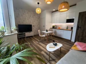 a living room with a couch and a table at Nowe apartamenty SOLAR, Padel & Tenis, Parking, Blisko centrum in Bielsko-Biała
