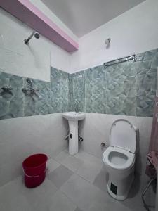 a bathroom with a toilet and a sink at Hotel Syangbo Brothers in Kathmandu