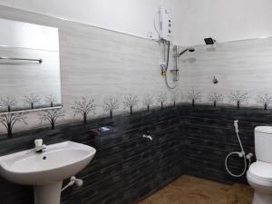 a bathroom with a sink and a toilet at Ramanayaka Serenity Villa in Bandarawela