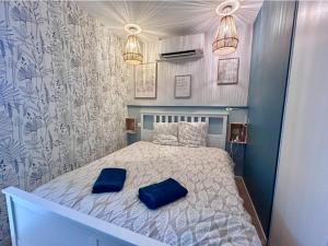 a bedroom with a bed with two blue pillows on it at Charmant appartement plain-pied avec accès facile in Bailleul