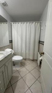 a bathroom with a toilet and a shower curtain at Hermoso y Acogedor Departamento en el Centro Pucon in Pucón
