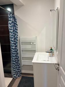 a white bathroom with a sink and a shower at Studio 2 - Loc Conciergerie in Trappes