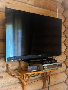 a flat screen tv sitting on a wooden stand at Садиба Людмила in Pilipets