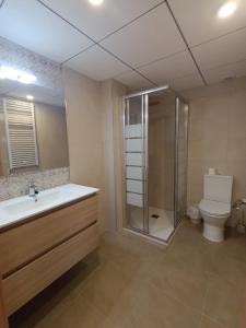 a bathroom with a shower and a sink and a toilet at Apartamentos Elvira Valderrobres in Valderrobres