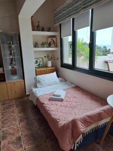 a bedroom with a bed and two windows at CRYSTAL BAY in Paleo Tsifliki