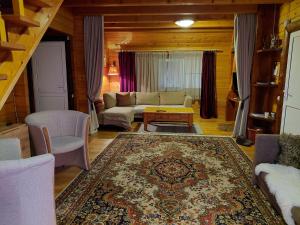 a living room with a couch and a rug at Family Mountain Cottage in Cârțișoara