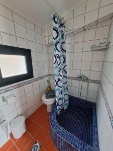 a bathroom with a shower with a blue shower curtain at CRYSTAL BAY in Paleo Tsifliki +15 photos