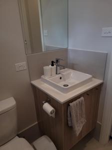 a bathroom with a sink and a toilet and a mirror at Cosy Private Modern Flat in Epping +3 photos