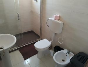 a bathroom with a toilet and a shower and a sink at Cá Morten in Santa Maria