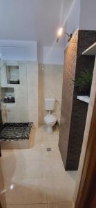 a bathroom with a white toilet and a shower at Sara Apartment Centru Râmnicu Vâlcea in Râmnicu Vâlcea