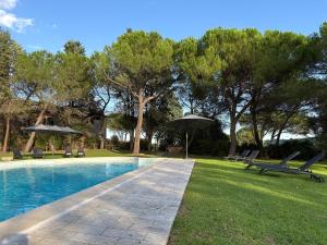 a swimming pool with chairs and umbrellas in a yard at Casale delle Luci in Lucignano