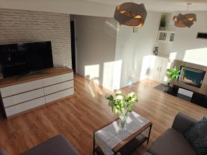 a living room with a television and a table at Clonakilty Holiday Home in Clonakilty
