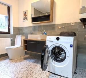 a bathroom with a washing machine and a sink at Ferienwohnung am Badesee in Arrach +9 photos