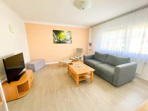 a living room with a couch and a tv at Modern Apartment Wissenbach 1 in Eschenburg