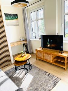 a living room with a television and a coffee table at Apartments Aura & Nova in Aue-Bad Schlema