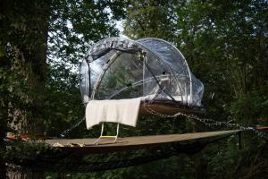 a batting cage on a wooden platform in a forest at Tiny bubble Tree Tent in private woodland in Kent +12 photos