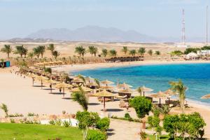 Coral Sun Beach في سفاجا: شاطئ فيه مظلات وكراسي ومحيط