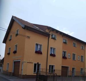 a large orange building with flowers in the windows at Apartment 3 Stavební in Cheb