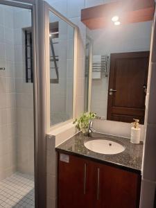 a bathroom with a sink and a shower at Central Stellenbosch Apartment with secure parking in Stellenbosch +30 photos