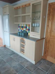 a kitchen with white cabinets and a refrigerator at Cootehall in Boyle
