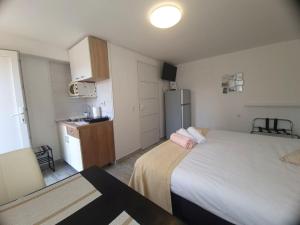 a small room with a bed and a kitchen at Eden apartment in Kornić
